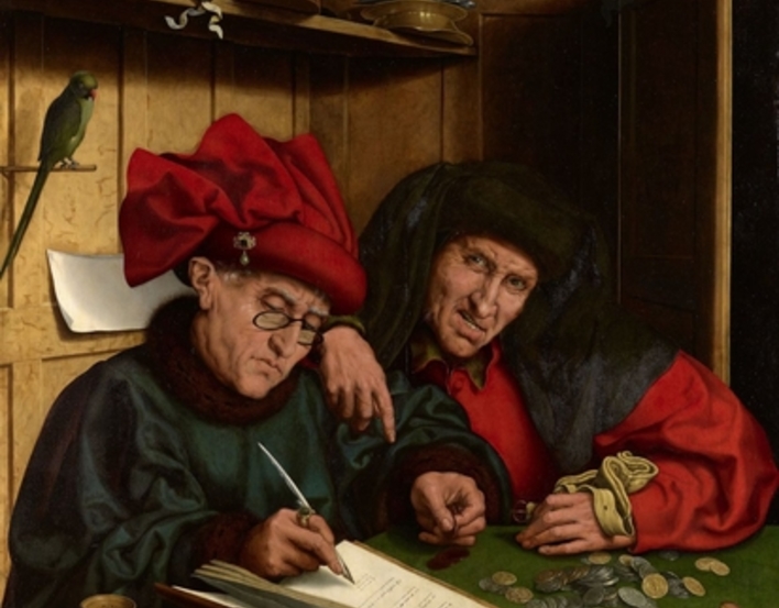 Follower of Marinus van Reymerswaele, The Misers 1548-51, RCIN 405707 Image of the painting 'The Misers' - two grumpy looking men count money together